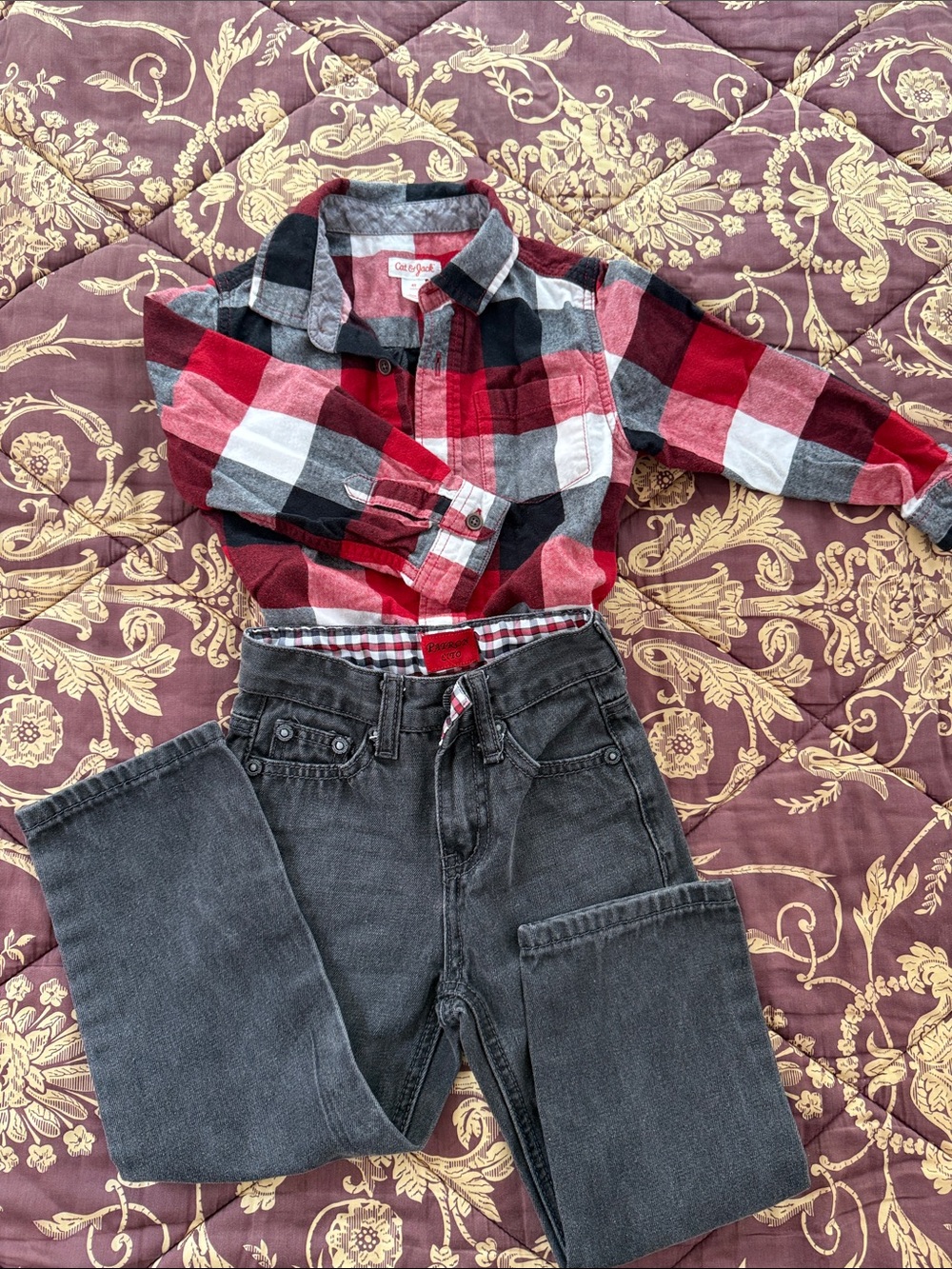 Carters Red Black White Plaid Button-Up Shirt & Black Jeans Set